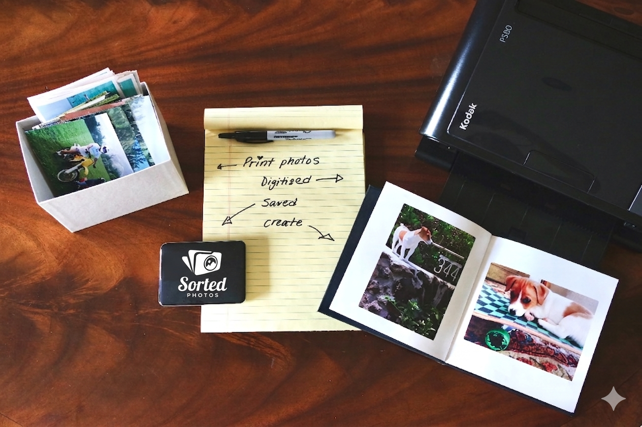 Photo scanning setup with Kodak scanner, box of prints, and photo album